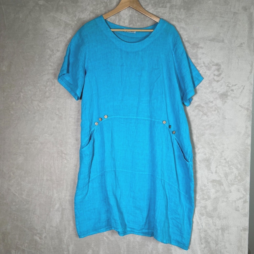T by Transparente Italy 100% Linen Dress Blue Lagenlook Size 1 Coastal Beachy